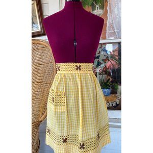 Vintage Yellow Gingham Check Half Apron Smocked Embroidery Farmhouse